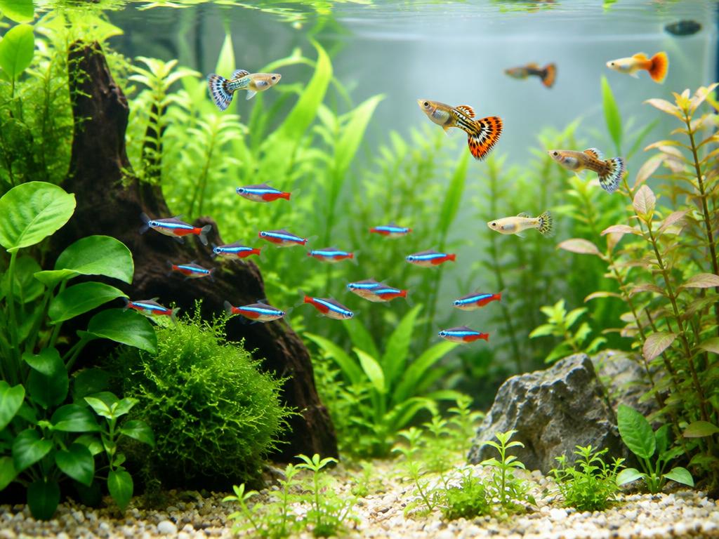 A planted aquarium with neon tetras and guppies
